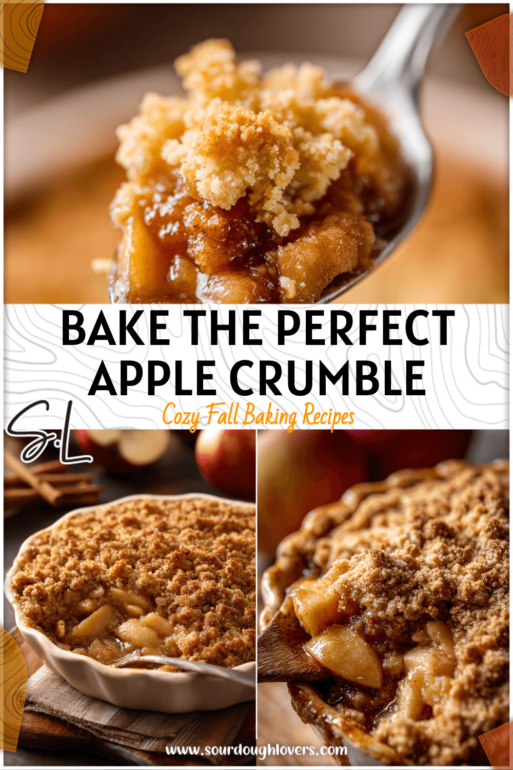 Close-up of a freshly baked apple crumble crisp with a golden topping and cinnamon apples underneath.